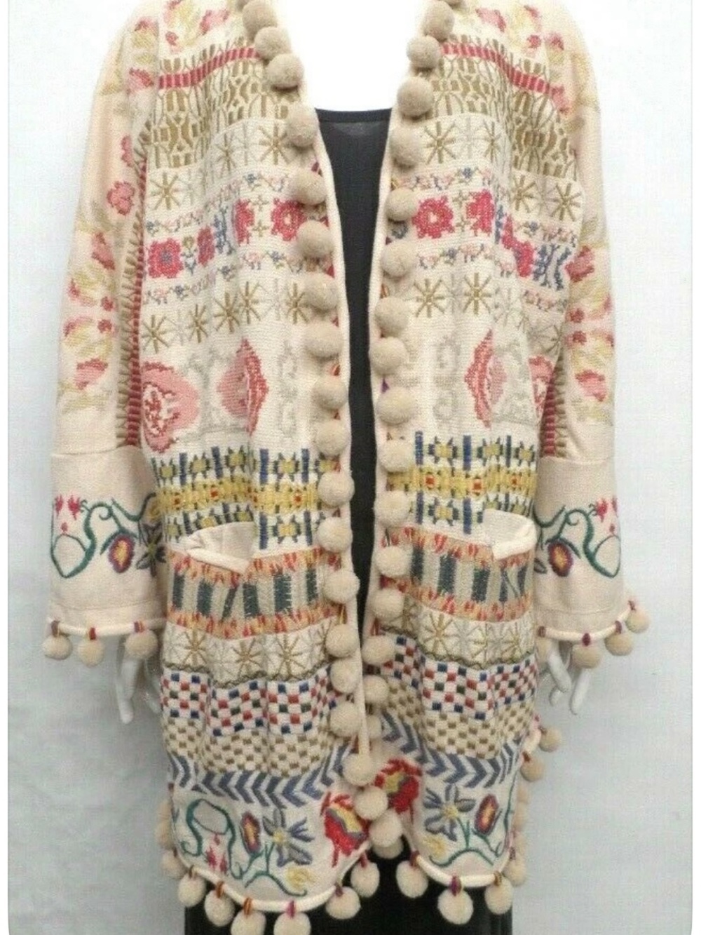 Johnny Was Cream Embroidered Pom-Pom Open Jacket SZ MED